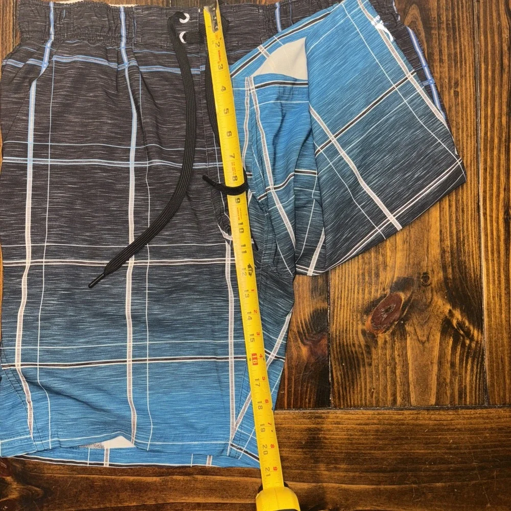 ZeroXposur Mens Swim Trunks Blue Black Ombre Plaid Board‎ Shorts Zipper Pocket L